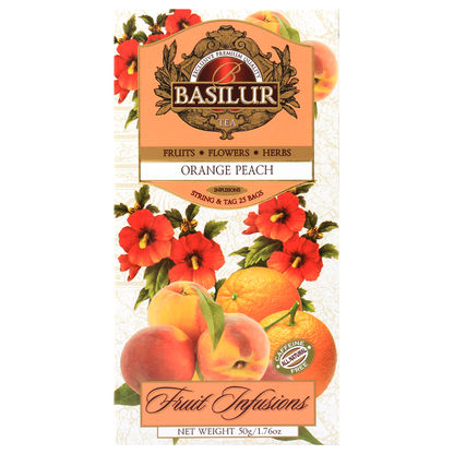 Opakowanie herbaty Basilur Orange Peach z ilustracjami owoców i kwiatów, naturalna herbata bez kofeiny.