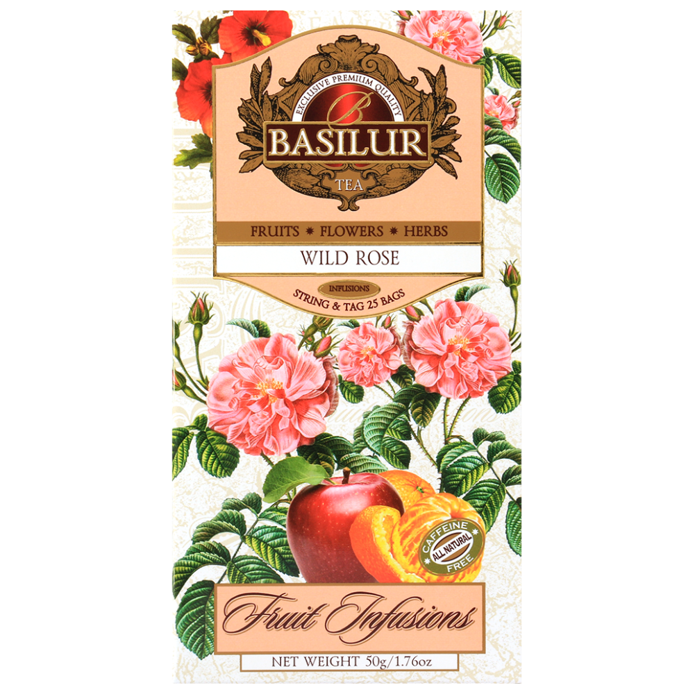 Herbata Basilur Wild Rose w eleganckim opakowaniu z motywem róż – owocowo-kwiatowa kompozycja bez kofeiny.