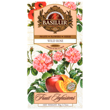 Herbata Basilur Wild Rose w eleganckim opakowaniu z motywem róż – owocowo-kwiatowa kompozycja bez kofeiny.