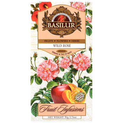 Herbata Basilur Wild Rose w eleganckim opakowaniu z motywem róż – owocowo-kwiatowa kompozycja bez kofeiny.