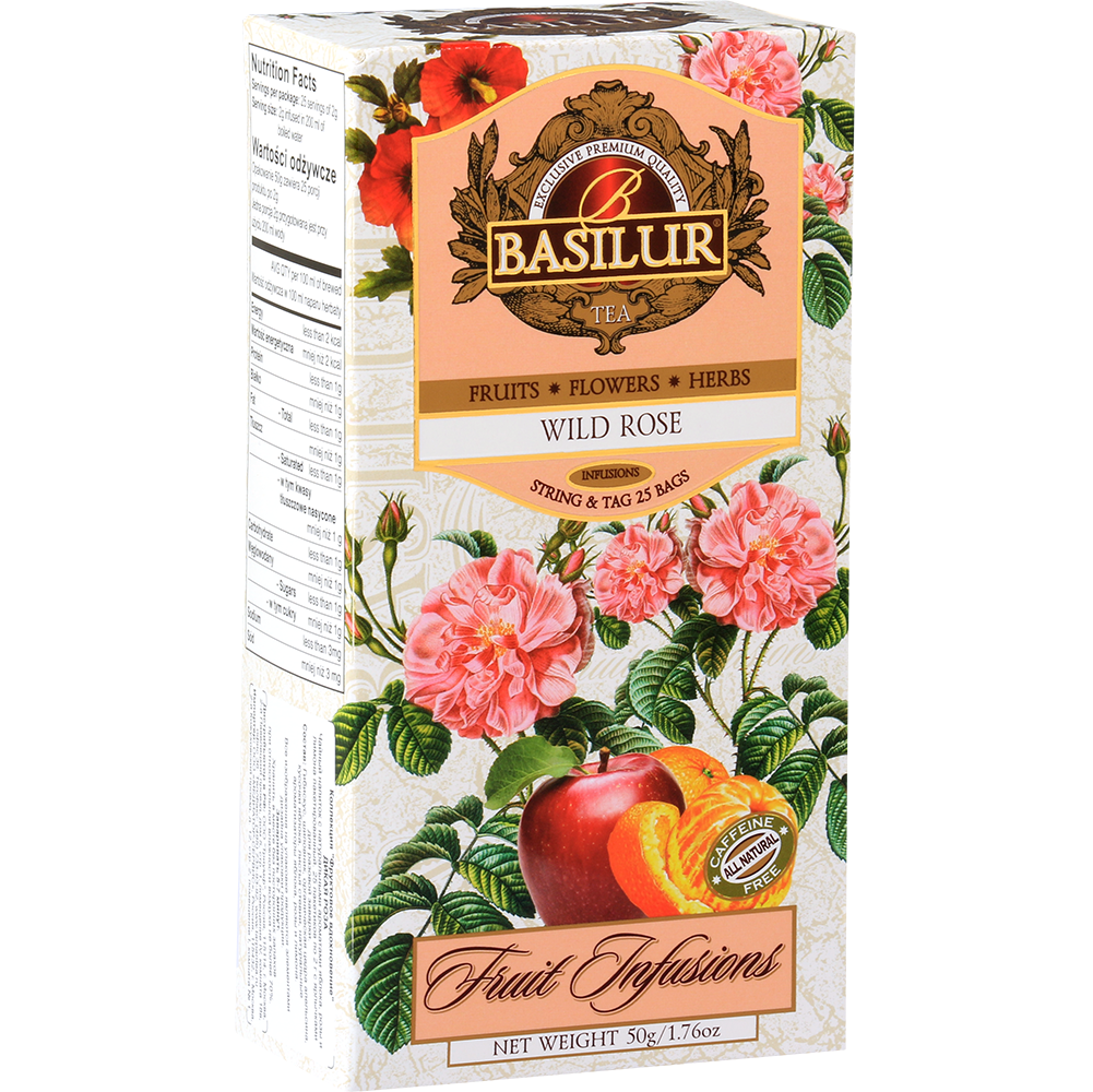 Opakowanie herbaty Basilur Wild Rose z ilustracją róż, jabłka i pomarańczy – naturalna mieszanka owoców i kwiatów.