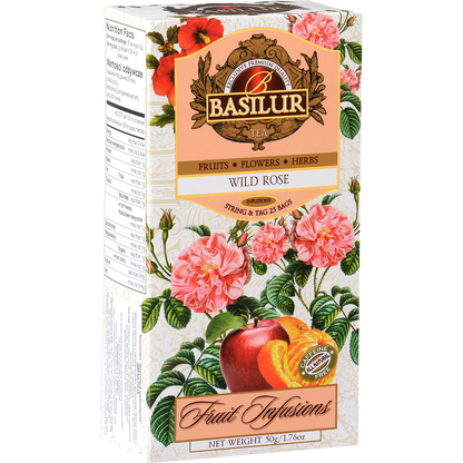 Opakowanie herbaty Basilur Wild Rose z ilustracją róż, jabłka i pomarańczy – naturalna mieszanka owoców i kwiatów.