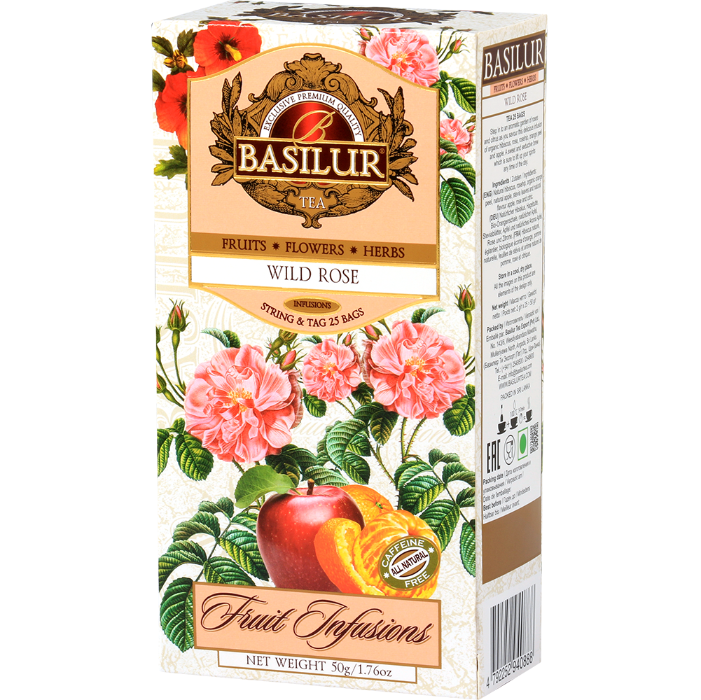 Zbliżenie na pudełko Basilur Wild Rose – herbata owocowa z dziką różą, idealna na relaks i prezent.