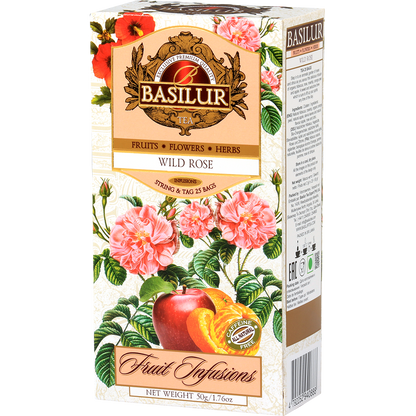 Zbliżenie na pudełko Basilur Wild Rose – herbata owocowa z dziką różą, idealna na relaks i prezent.
