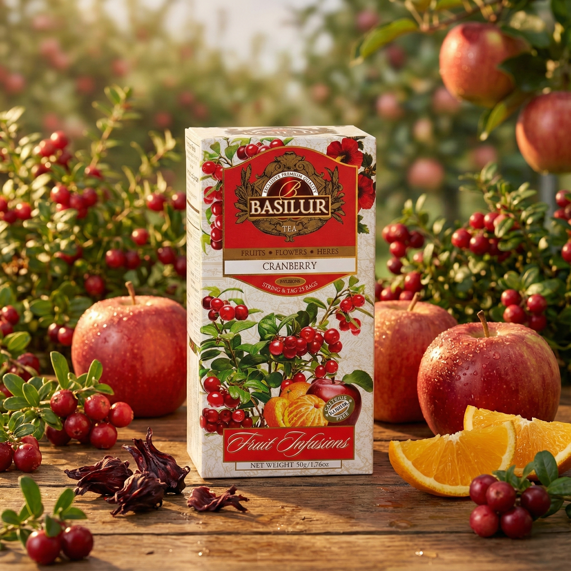Opakowanie herbaty Basilur Cranberry z żurawiną, jabłkami i plasterkami pomarańczy na drewnianym stole w owocowym ogrodzie