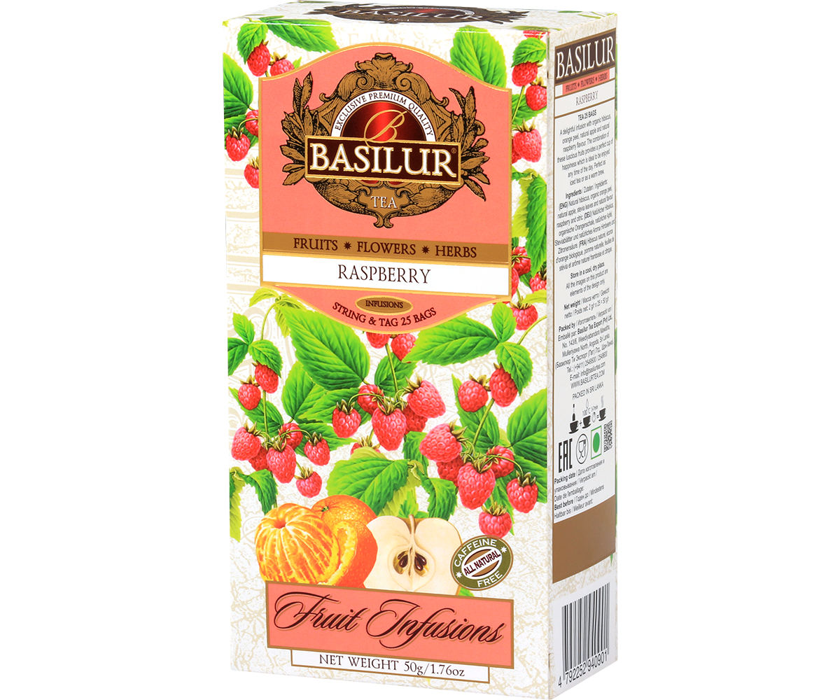 Herbata Basilur Raspberry w ozdobnym opakowaniu z motywem malin – naturalna mieszanka owoców i ziół.