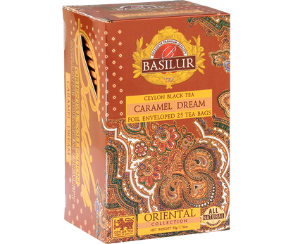 Herbata Basilur Caramel Dream w ozdobnym opakowaniu z orientalnym wzorem – czarna herbata cejlońska z nutą karmelu.