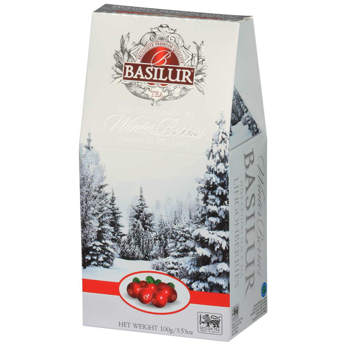 Opakowanie herbaty Basilur Lingonberries 100 g z zimowym motywem i owocami brusznicy.