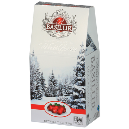 Opakowanie herbaty Basilur Lingonberries 100 g z zimowym motywem i owocami brusznicy.