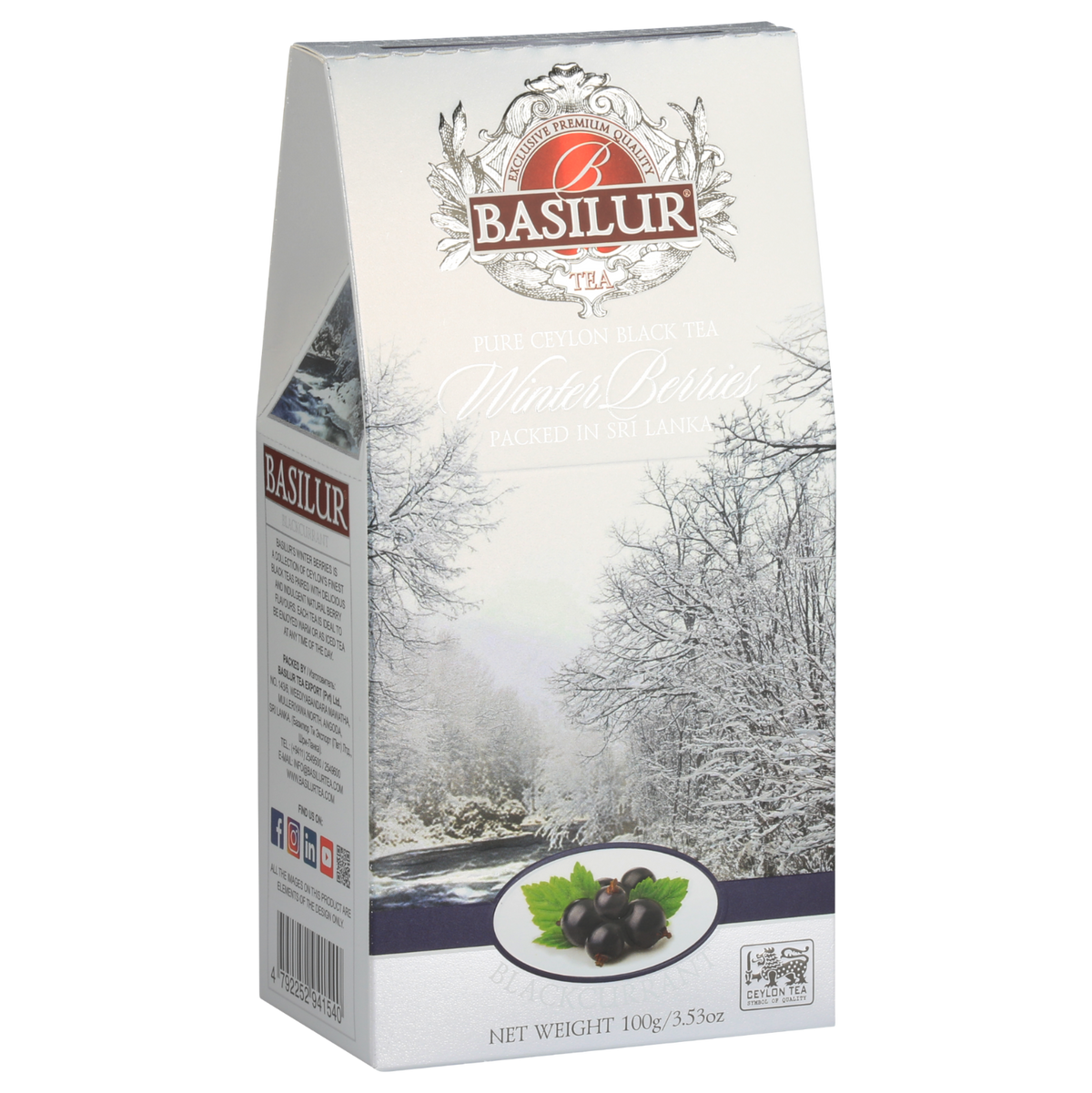 Opakowanie herbaty Basilur Blackcurrant 100 g z motywem ośnieżonych drzew i owoców porzeczki.