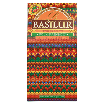 Przód opakowania Basilur Folk Rainbow – kolorowa herbata z kolekcji Knitted Collection.