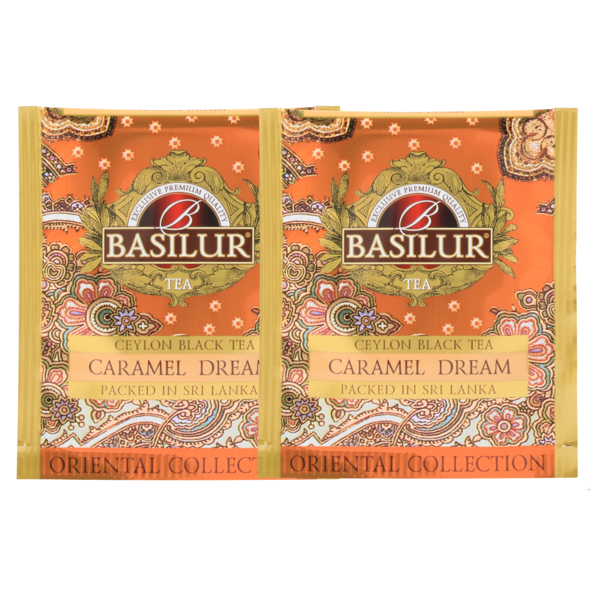 Dwie koperty herbaty basilur caramel dream z dodatkiem karmelu.
