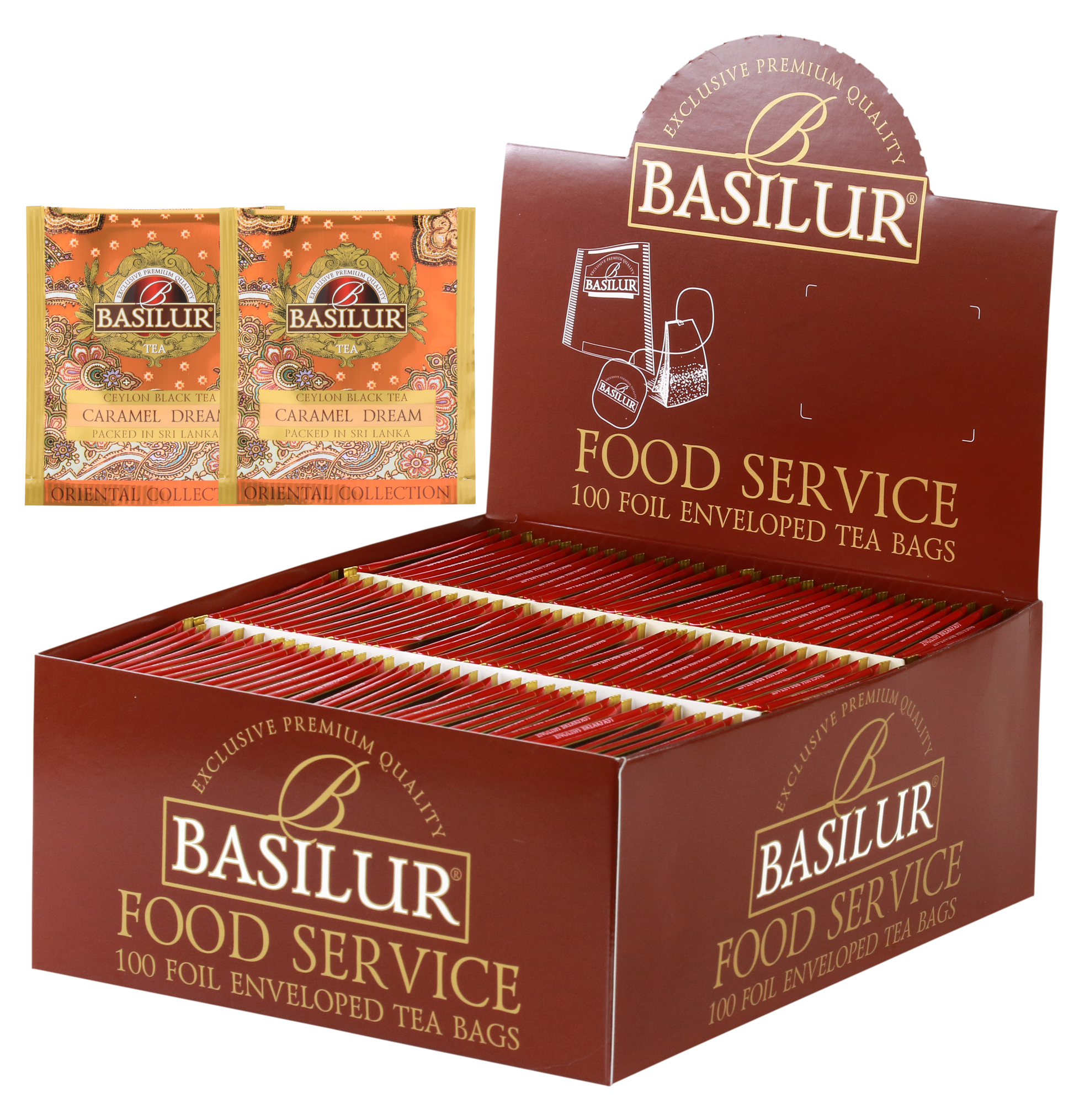 Herbata Basilur Caramel Dream w ekspozytorze typu food service, 100 kopertowanych torebek czarnej herbaty.