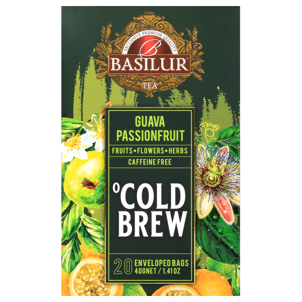 Przód opakowania herbaty Basilur Cold Brew Guava Passionfruit, mieszanka owoców, kwiatów i ziół bez kofeiny.