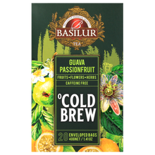 Przód opakowania herbaty Basilur Cold Brew Guava Passionfruit, mieszanka owoców, kwiatów i ziół bez kofeiny.