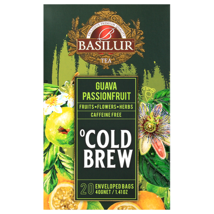 Przód opakowania herbaty Basilur Cold Brew Guava Passionfruit, mieszanka owoców, kwiatów i ziół bez kofeiny.