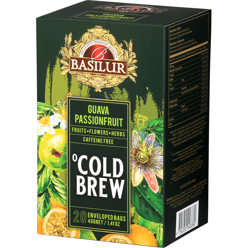 Bok opakowania herbaty Basilur Guava Passionfruit Cold Brew, owocowa mieszanka do zaparzania na zimno.