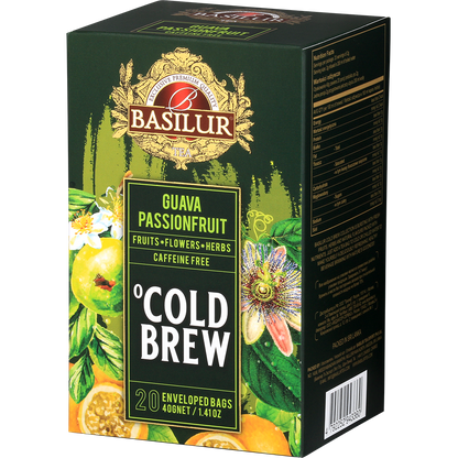 Bok opakowania herbaty Basilur Guava Passionfruit Cold Brew, owocowa mieszanka do zaparzania na zimno.