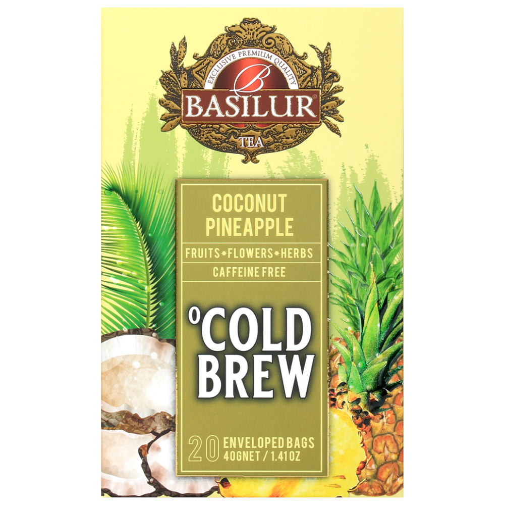 Przód opakowania Basilur Cold Brew Coconut Pineapple, tropikalna mieszanka owoców bez kofeiny.