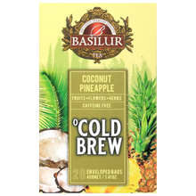 Przód opakowania Basilur Cold Brew Coconut Pineapple, tropikalna mieszanka owoców bez kofeiny.