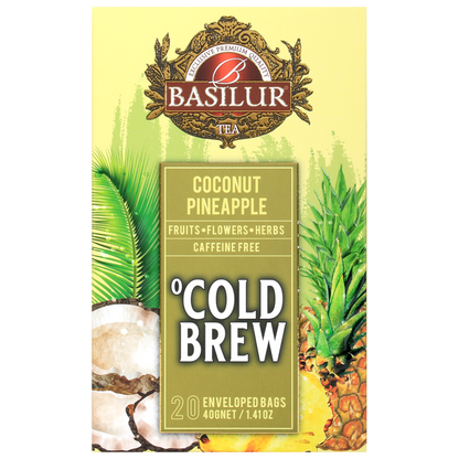 Przód opakowania Basilur Cold Brew Coconut Pineapple, tropikalna mieszanka owoców bez kofeiny.