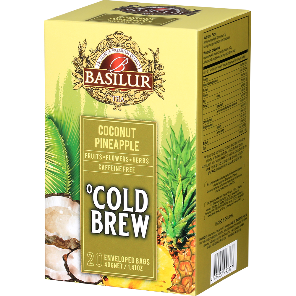 Bok pudełka Basilur Coconut Pineapple Cold Brew, owocowa herbata bez kofeiny.