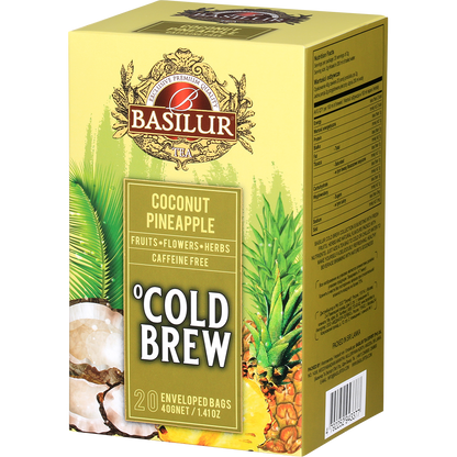 Bok pudełka Basilur Coconut Pineapple Cold Brew, owocowa herbata bez kofeiny.