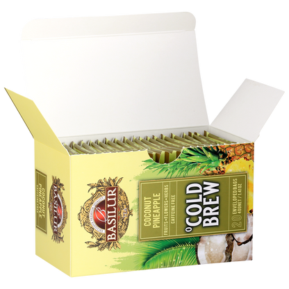 Otwarte pudełko herbaty Basilur Cold Brew Coconut Pineapple z kopertami, herbata na zimno z kokosem i ananasem.