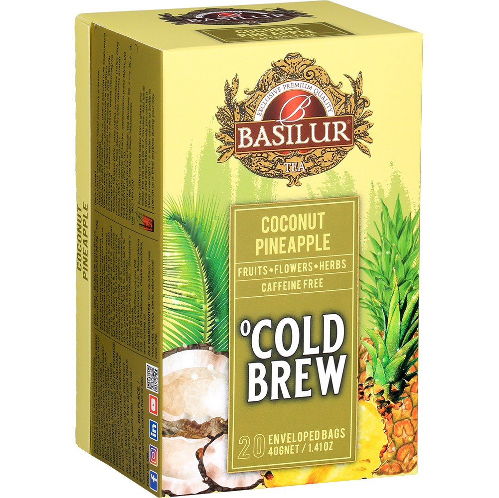 Pudełko herbaty Basilur Cold Brew Coconut Pineapple w perspektywie, mieszanka ananasa, kokosa, kwiatów i ziół.