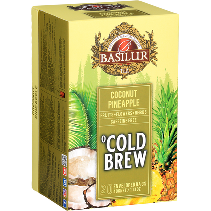 Pudełko herbaty Basilur Cold Brew Coconut Pineapple w perspektywie, mieszanka ananasa, kokosa, kwiatów i ziół.