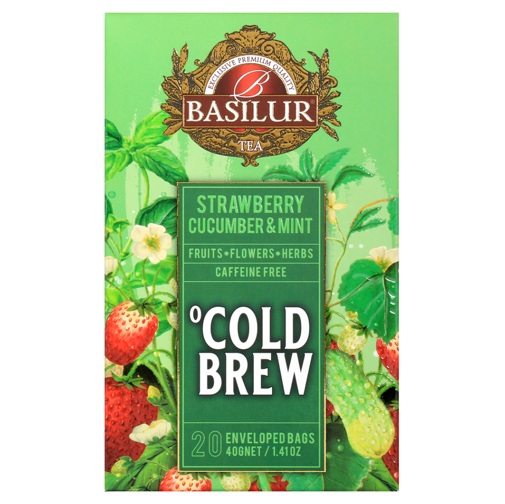 Przód opakowania Basilur Cold Brew Strawberry Cucumber & Mint, herbata z truskawką, ogórkiem i miętą.