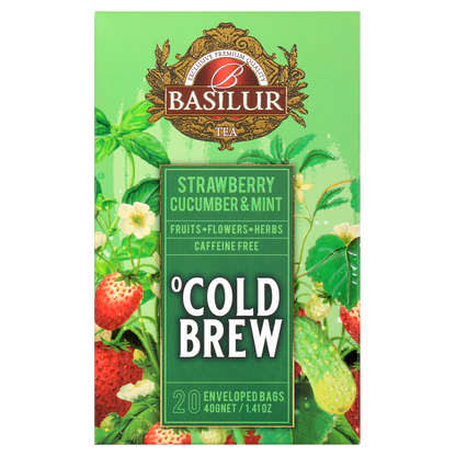 Przód opakowania Basilur Cold Brew Strawberry Cucumber & Mint, herbata z truskawką, ogórkiem i miętą.