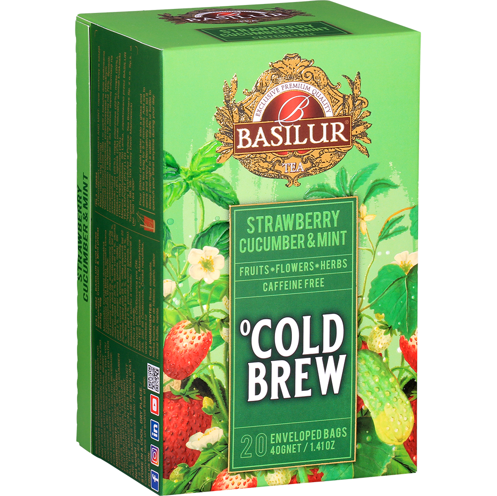 Bok pudełka herbaty Basilur Cold Brew Strawberry Cucumber & Mint, owocowo-ziołowa mieszanka bez kofeiny.