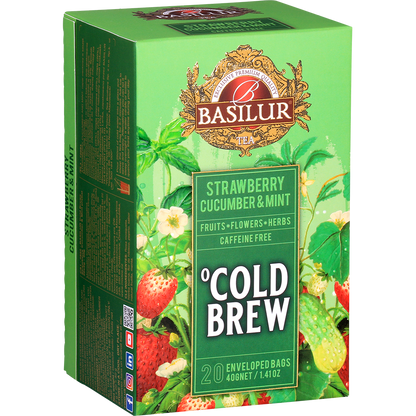 Bok pudełka herbaty Basilur Cold Brew Strawberry Cucumber & Mint, owocowo-ziołowa mieszanka bez kofeiny.