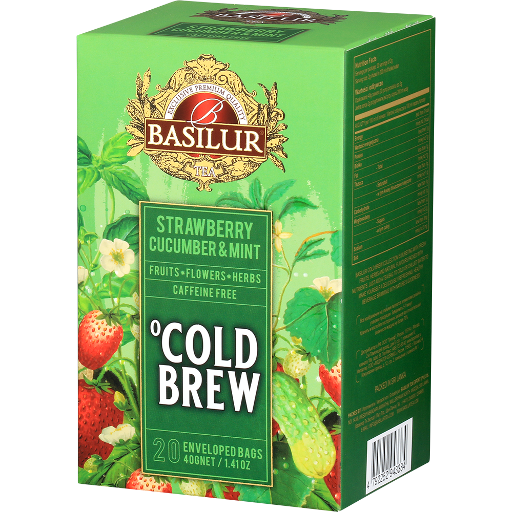 Pudełko herbaty Basilur Cold Brew Strawberry Cucumber & Mint w perspektywie, letnia kompozycja bez kofeiny.