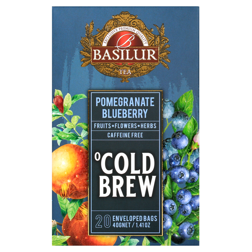 Przód opakowania Basilur Cold Brew Pomegranate Blueberry, owocowa herbata bez kofeiny z granatem i borówką.