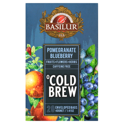 Przód opakowania Basilur Cold Brew Pomegranate Blueberry, owocowa herbata bez kofeiny z granatem i borówką.