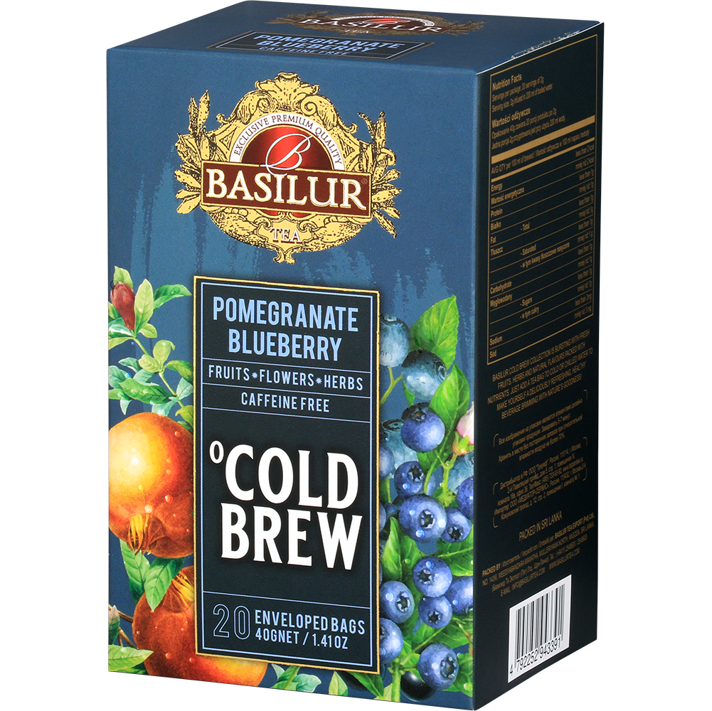 Bok pudełka Basilur Pomegranate Blueberry Cold Brew, ziołowo-owocowa mieszanka bez kofeiny.