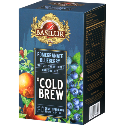 Bok pudełka Basilur Pomegranate Blueberry Cold Brew, ziołowo-owocowa mieszanka bez kofeiny.