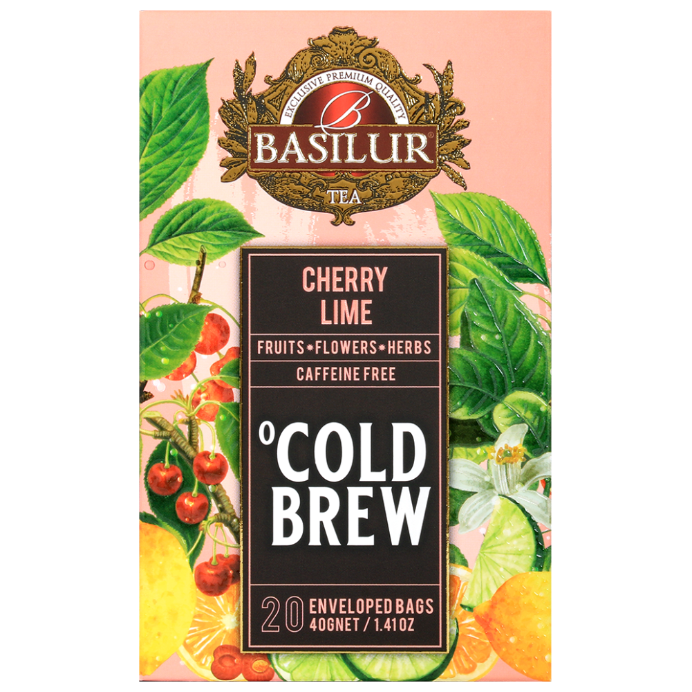Przód opakowania Basilur Cold Brew Cherry Lime, owocowa herbata bez kofeiny z wiśnią i limonką.