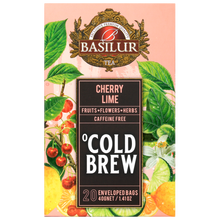 Przód opakowania Basilur Cold Brew Cherry Lime, owocowa herbata bez kofeiny z wiśnią i limonką.