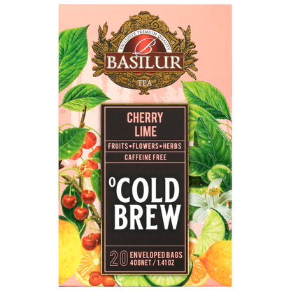 Przód opakowania Basilur Cold Brew Cherry Lime, owocowa herbata bez kofeiny z wiśnią i limonką.