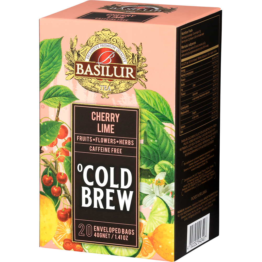 Bok pudełka Basilur Cherry Lime Cold Brew, mieszanka owoców i ziół bez kofeiny.