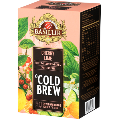 Bok pudełka Basilur Cherry Lime Cold Brew, mieszanka owoców i ziół bez kofeiny.