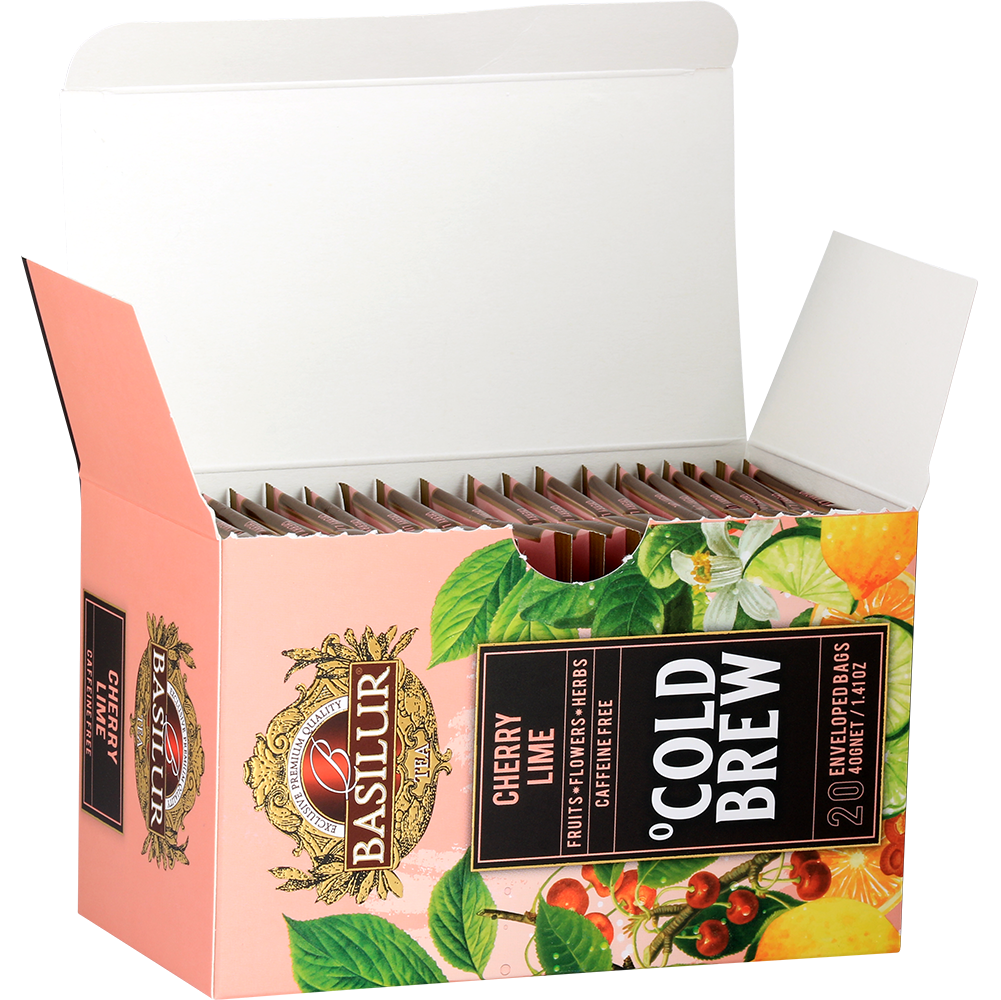 Otwarte pudełko Basilur Cold Brew Cherry Lime z kopertami, herbata na zimno o smaku wiśni i limonki.