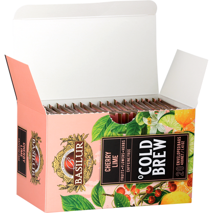 Otwarte pudełko Basilur Cold Brew Cherry Lime z kopertami, herbata na zimno o smaku wiśni i limonki.