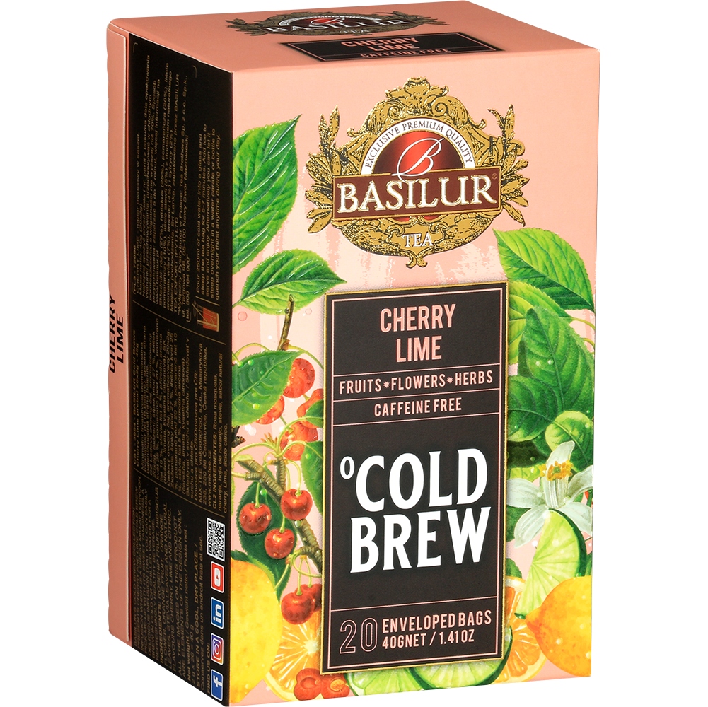 Pudełko Basilur Cold Brew Cherry Lime w perspektywie, orzeźwiająca herbata z wiśni i cytrusów.