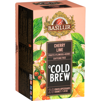 Pudełko Basilur Cold Brew Cherry Lime w perspektywie, orzeźwiająca herbata z wiśni i cytrusów.