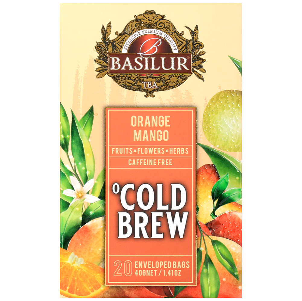 Przód opakowania Basilur Cold Brew Orange Mango, herbata owocowa bez kofeiny z pomarańczą i mango.