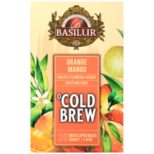 Przód opakowania Basilur Cold Brew Orange Mango, herbata owocowa bez kofeiny z pomarańczą i mango.
